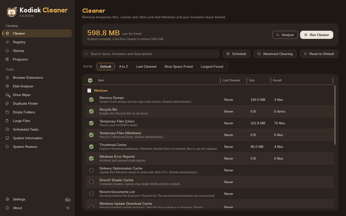 Cleaner page in Honey dark mode