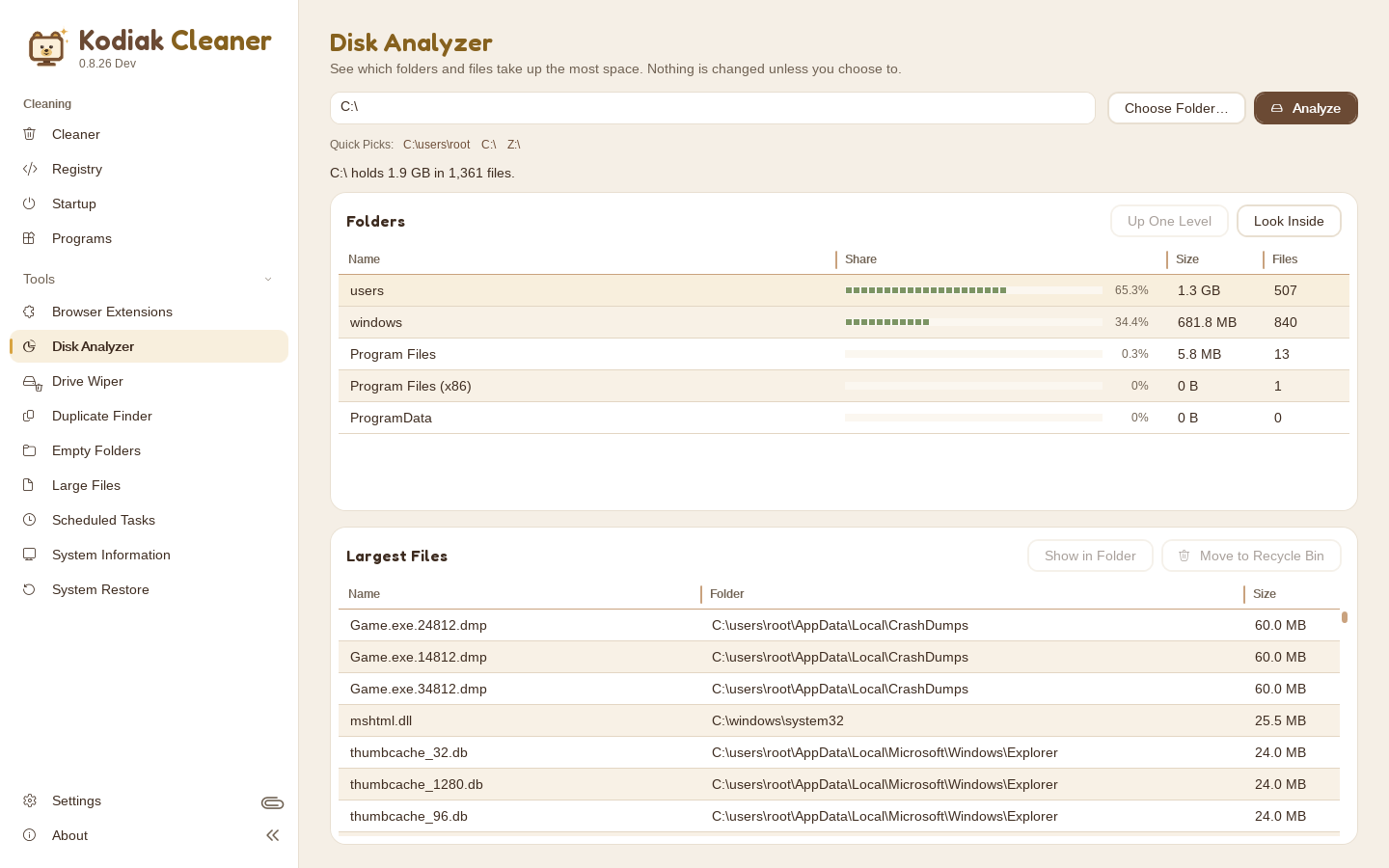Disk Analyzer showing folder sizes and the largest files