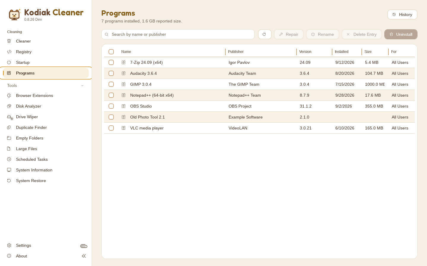 Programs page with installed programs and their icons